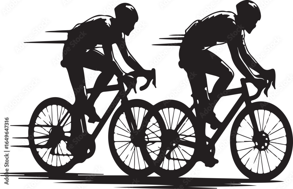 Naklejka premium Two cyclists in silhouette racing on bicycles with motion blur effect cycling race