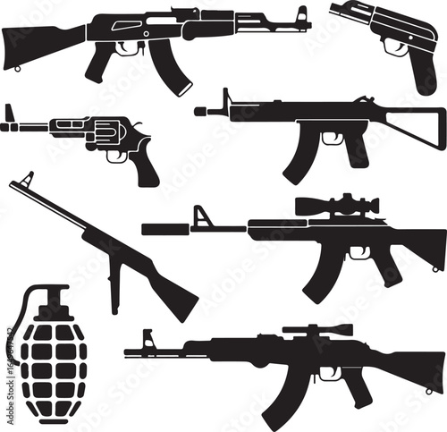 Assortment of firearms and grenade silhouettes on a white background weapon rifle