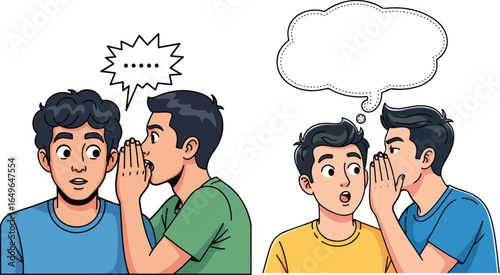 Two young men sharing a secret, with versions for speech and thought bubbles.