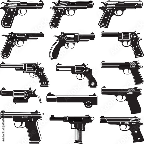 Collection of twelve different handgun silhouettes on a white background pistol revolver