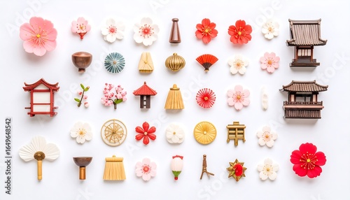 Assorted miniature japanese-inspired decorative objects arranged on a white background.