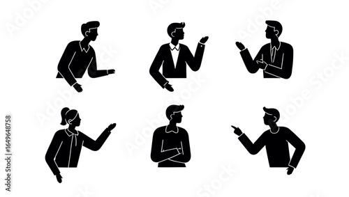 Six stylized people in various poses, gesturing and looking to the side, depicted as solid silhouettes