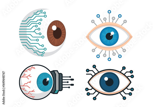 Four eye illustrations showing different designs of eyes with various technological enhancements