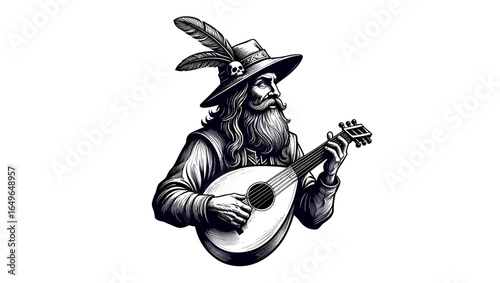 Man with hat and feathers playing a stringed instrument with a skull decoration on his hat art