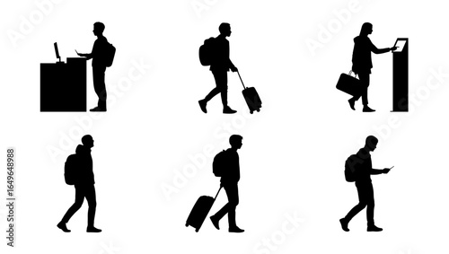 Six silhouettes depicting travelers with luggage and devices at an airport terminal setting area