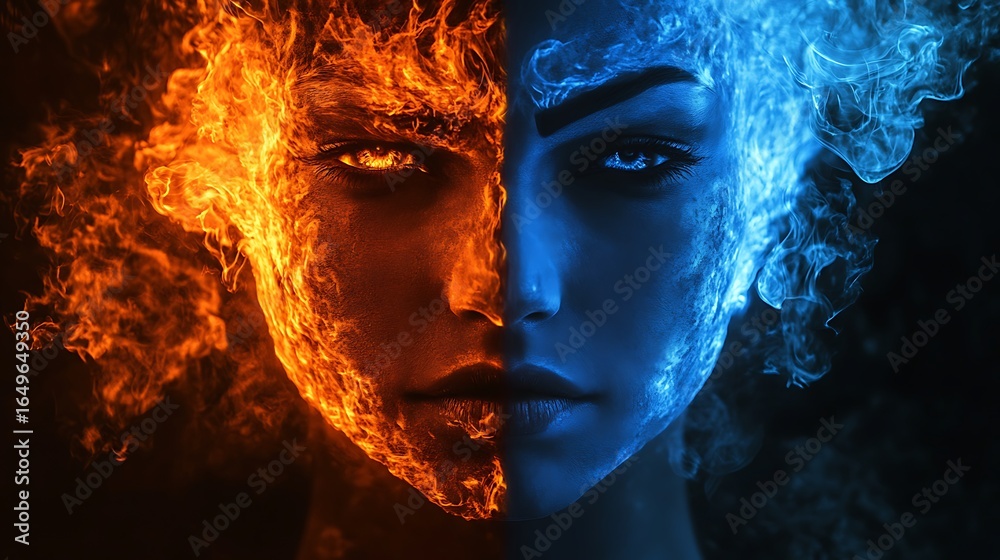 Fototapeta premium Stunning photo of a female face split in two halves with fire and ice elements