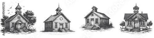 Vintage Hand-Drawn Schoolhouse Illustration, Historic Engraved Vector for Education and T-Shirt Design
