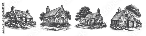Vintage Hand-Drawn Stone Cottage Illustration, Rural Architecture Engraved Vector for Countryside and T-Shirt Design