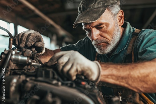 Senior mechanic repairing an engine in a workshop
