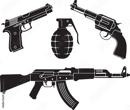 Silhouette set of handgun revolver assault rifle and grenade pistol firearm