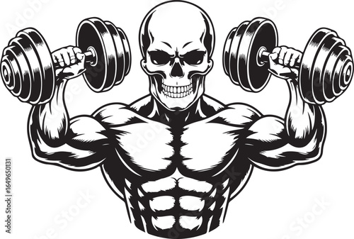 Skull with muscular body and dumbbells in black and white vector art Keywords: skull, bodybuilding