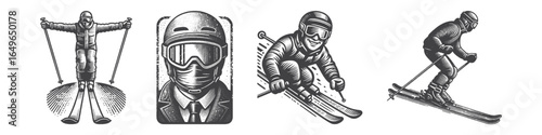 Vintage Hand-Drawn Downhill Skier with Focused Face Illustration, Winter Sport Engraved Vector for Skiing and T-Shirt Design