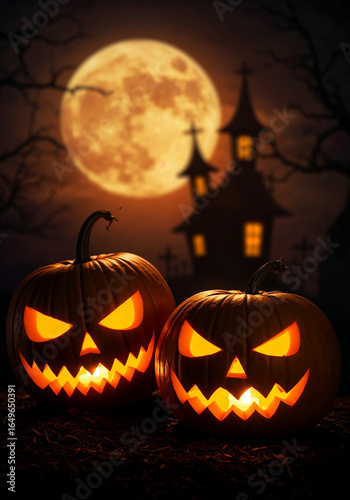 Spooky Halloween night with glowing carved pumpkins, full moon, and silhouette of haunted mansion