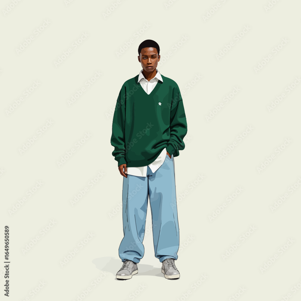 Naklejka premium Youthful Fashion Trend: Oversized Green Sweater and Loose-Fit Blue Jeans Capturing Contemporary Style with Casual Sneakers and Minimalist Aesthetic