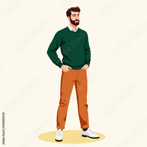 Illustration of a Fashionable Man Standing Confidently in Green Sweater and Brown Pants with Hands in Pockets on a Light Background