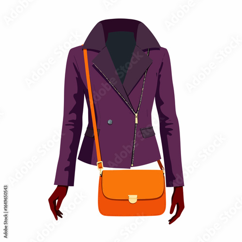 Stylish purple blazer paired with a vibrant orange crossbody bag showcasing modern fashion trends and elegant color coordination for youthful, fashionable appearances.