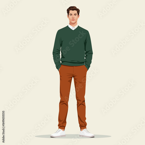 Illustration of a Stylish Man in a Green Sweater and Brown Pants Standing Confidently with Hands in Pockets Against a Neutral Background