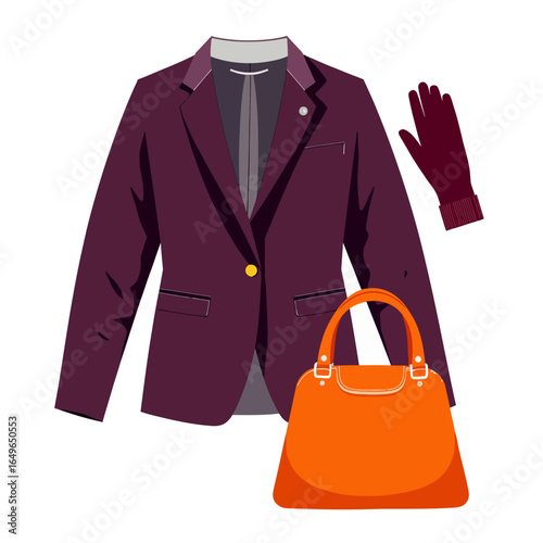 Illustration of a Stylish Burgundy Blazer, Vibrant Orange Handbag, and Elegant Matching Gloves Highlighting Modern Fashion Accessories