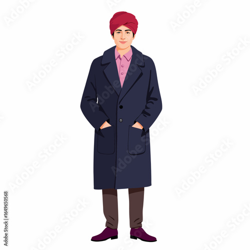 Illustration of a Stylish Person in a Red Turban and Dark Overcoat with Hands in Pockets Looking Confident on a White Background