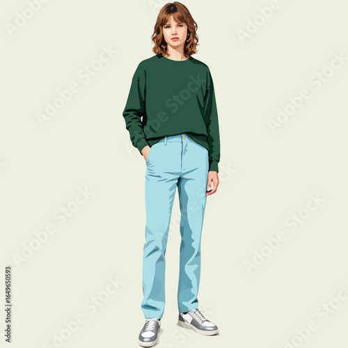 Casual Fashion Portrait: Person Standing Confidently in Stylish Green Sweatshirt and Light Blue Pants Capturing Modern Minimalist Aesthetic
