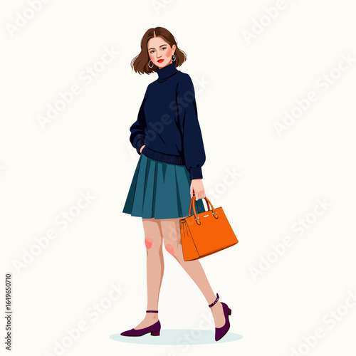 Chic Fashionable Woman in Blue Turtleneck and Skirt Carrying Orange Handbag with Confident Stance and Modern Style