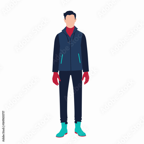 Stylish Illustration of a Fashionable Person in Winter Attire With Blue Jacket, Red Gloves, and Turquoise Boots Standing Against a Minimalist Background