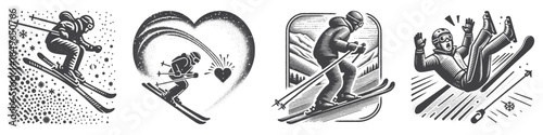 Vintage Hand-Drawn Downhill Skier with Love Shape Illustration, Winter Sport Engraved Vector for Skiing and T-Shirt Design