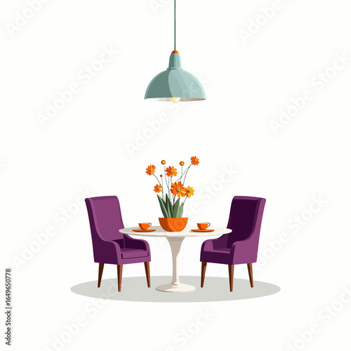 Elegant Dining Table Setting with Purple Chairs and Orange Floral Centerpiece Arranged Underneath a Modern Hanging Light Fixture in a Minimalist Design