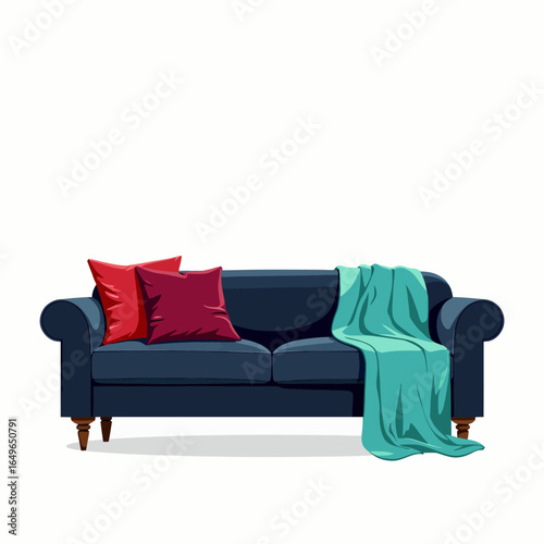Elegant and Cozy Sofa with Vibrant Red Cushions and a Soft Teal Throw Blanket for Stylish Interior Living Room Decor