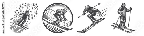 Vintage Hand-Drawn Downhill Skier with Snowflake Illustration, Winter Sport Engraved Vector for Skiing and T-Shirt Design