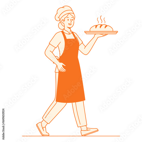 Female baker walking holding tray with freshly baked bread line art illustration