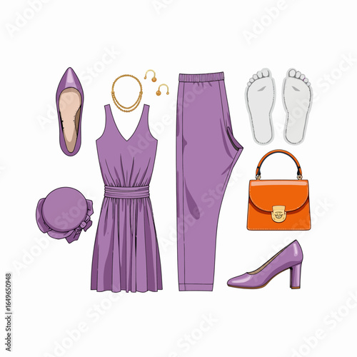 Fashion ensemble featuring a purple dress, matching accessories, and stylish shoes, presenting a coordinated look perfect for chic evening outings or special occasions