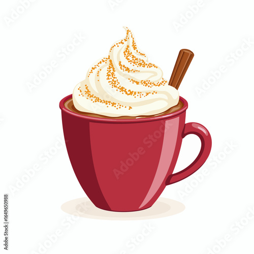 Red Mug Filled with Cappuccino Topped with Whipped Cream and Cinnamon Stick Garnish, Offering a Cozy and Warm Beverage Experience