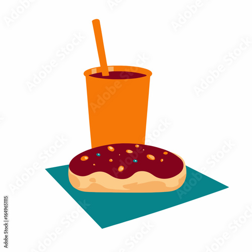 Colorful Iced Doughnut Paired with Refreshing Fizzy Drink in Vibrant Orange Cup on a Bright Blue Napkin