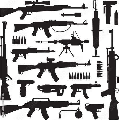 Diverse collection of firearm silhouettes including rifles, pistols, and ammunition shotgun machine gun