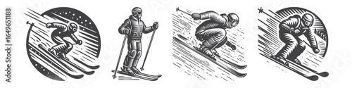 Vintage Hand-Drawn Downhill Skier Speed Illustration, Winter Sport Engraved Vector for Skiing and T-Shirt Design