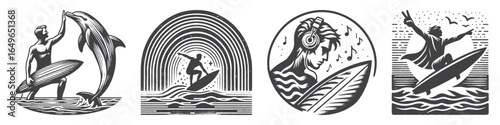 Vintage Hand-Drawn Surfer with Dolphin Illustration, Coastal Wildlife Engraved Vector for Surfing and T-Shirt Design