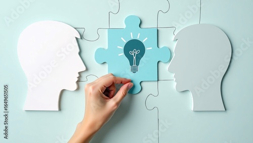 Wallpaper Mural A hand fits a blue puzzle piece (with a light bulb icon) between two head shaped puzzle parts, symbolizing shared ideas or collaboration. Torontodigital.ca
