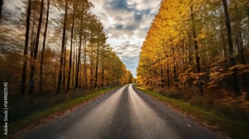 Driving Through Autumn Forest Road with Golden Leaves and Sun Rays