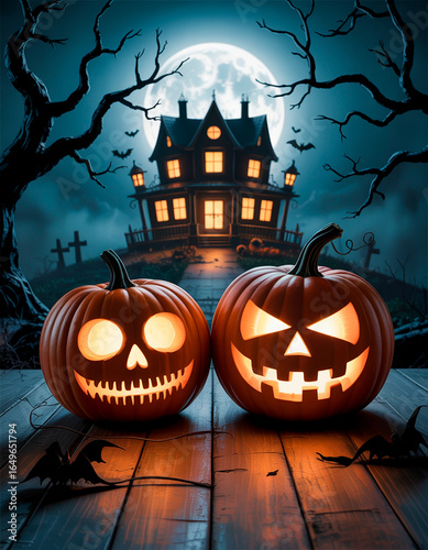 Two carved Halloween pumpkins with eerie faces in front of dark haunted house and full moon