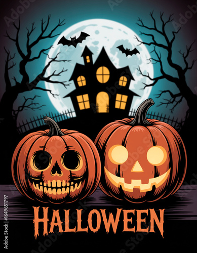 Halloween pumpkins with skull face and classic jack-o’-lantern in front of full moon and haunted house