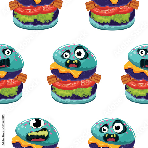 seamless pattern with Halloween food, namely burgers with various fillings stylized as scary monsters, for Halloween posters, patterns or other holiday designs