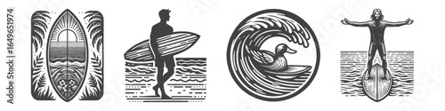 Vintage Hand-Drawn Ducking Surfer Illustration, Coastal Sport Engraved Vector for Surfing and T-Shirt Design