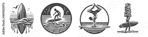 Vintage Hand-Drawn Surfer Handstand Illustration, Coastal Sport Engraved Vector for Surfing and T-Shirt Design