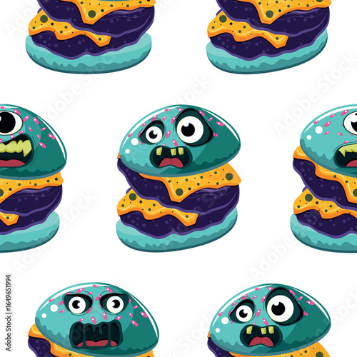 pattern with Halloween food, namely burgers with cheddar cheese stylized as scary monsters, for Halloween posters, patterns or other holiday designs