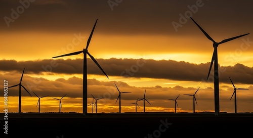 Wind turbines stand tall against a vibrant sunset, generating clean energy