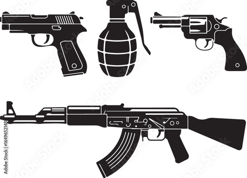 Handgun, Grenade, and Assault Rifle Silhouettes on White Background pistol revolver