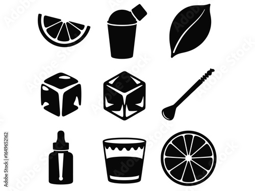 WebIllustration of cocktail ingredients and tools isolated on white background, representing the preparation and enjoyment of mixed drinks and the art of mixology