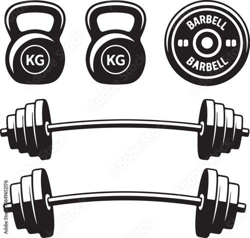 Two kettlebells barbell weights and weight plates on white background Keywords: kettlebell, weight