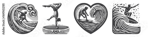 Vintage Hand-Drawn Surfer with Wave Love Shape Illustration, Coastal Romance Engraved Vector for Surfing and T-Shirt Design